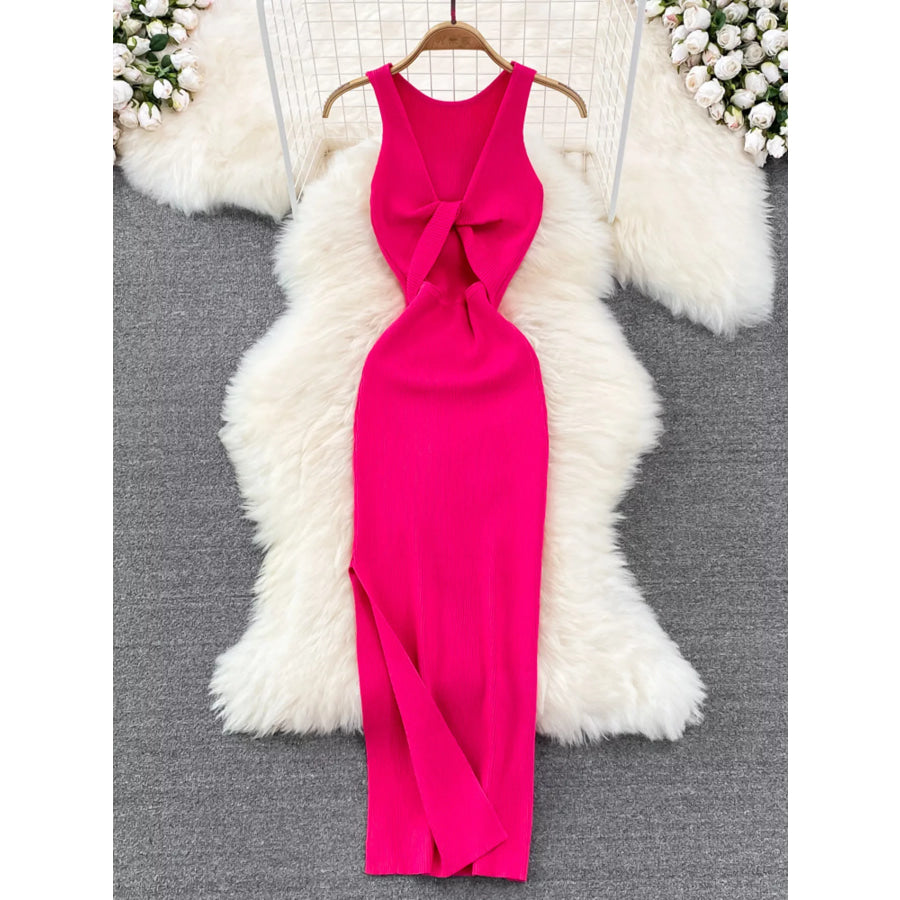 Knot Back Sleeveless Knit Bodycon Midi Dres Rose Red / One Size Apparel and Accessories
