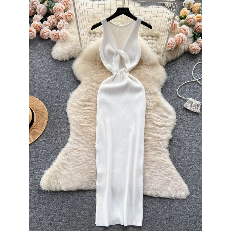 Knot Back Sleeveless Knit Bodycon Midi Dres White / One Size Apparel and Accessories