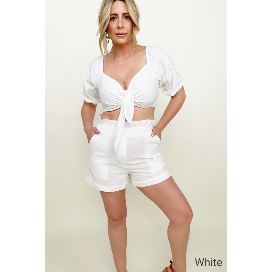 Knot Front Cropped Top and Shorts Set White / S Shorts Sets