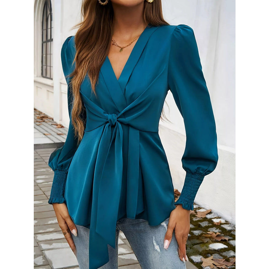 Knot Front Lantern Sleeve Blouse Apparel and Accessories