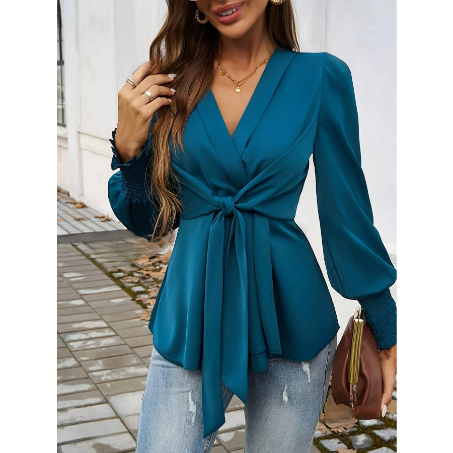 Knot Front Lantern Sleeve Blouse Apparel and Accessories