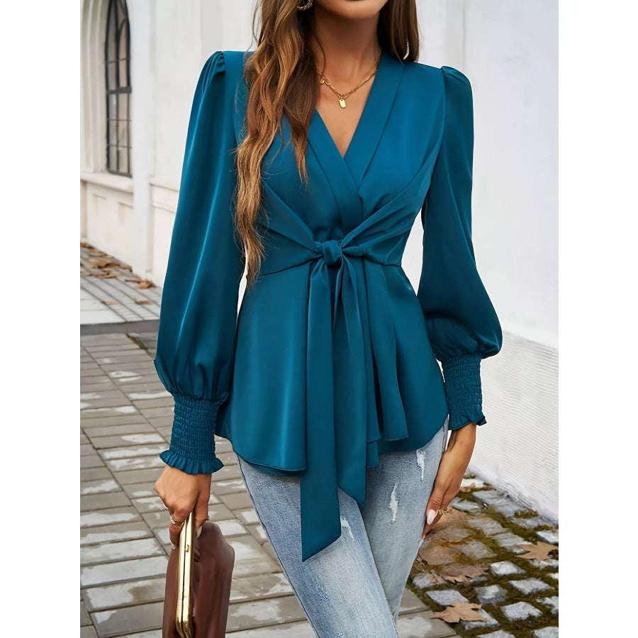 Knot Front Lantern Sleeve Blouse Sea blue / S Apparel and Accessories