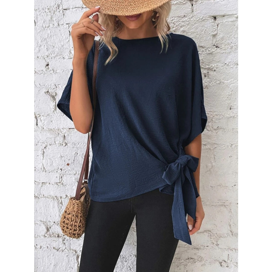 Knotted Round Neck Half Sleeve Blouse Apparel and Accessories