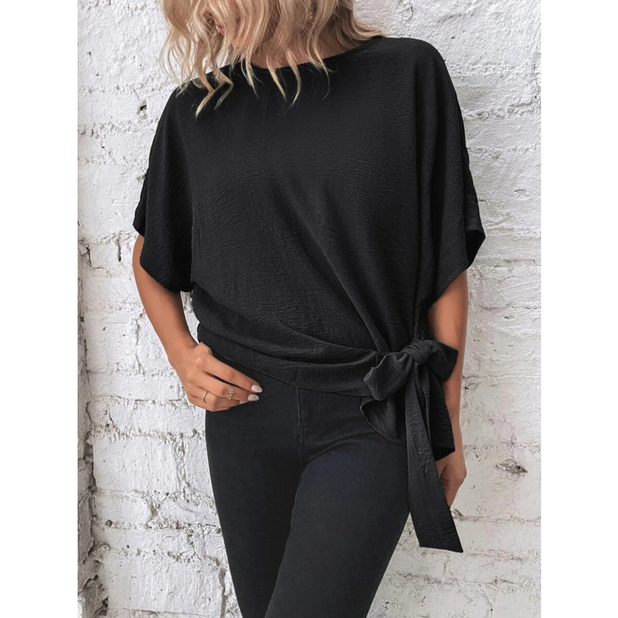 Knotted Round Neck Half Sleeve Blouse Apparel and Accessories