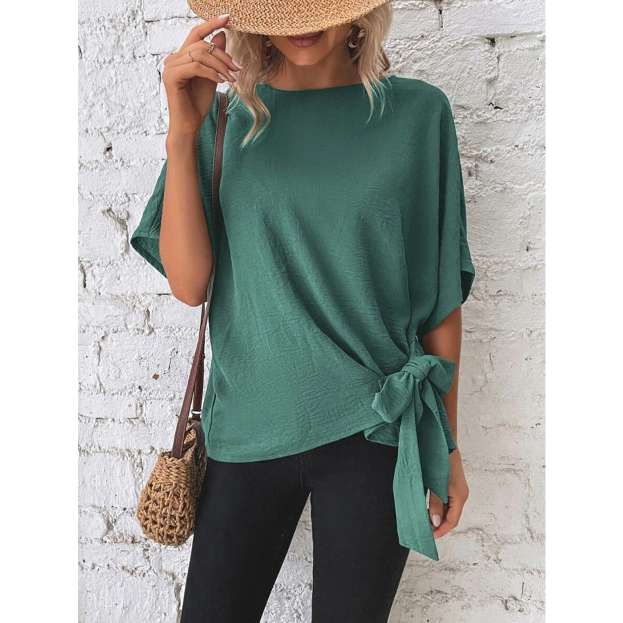Knotted Round Neck Half Sleeve Blouse Apparel and Accessories