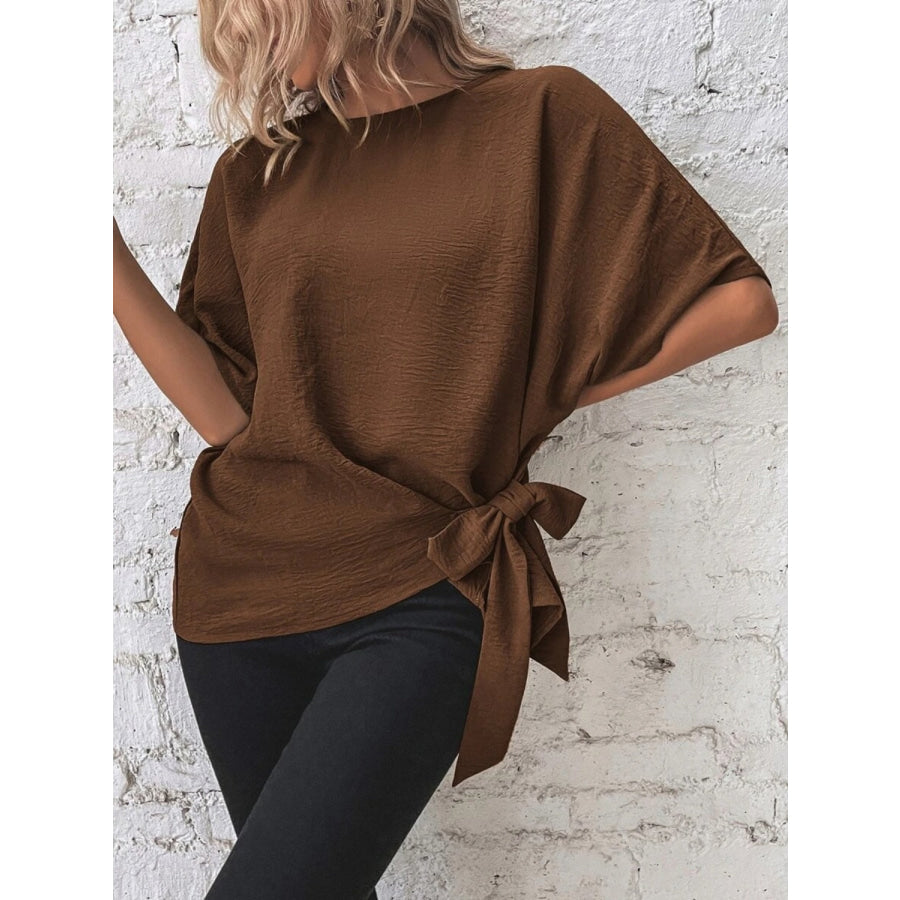 Knotted Round Neck Half Sleeve Blouse Apparel and Accessories
