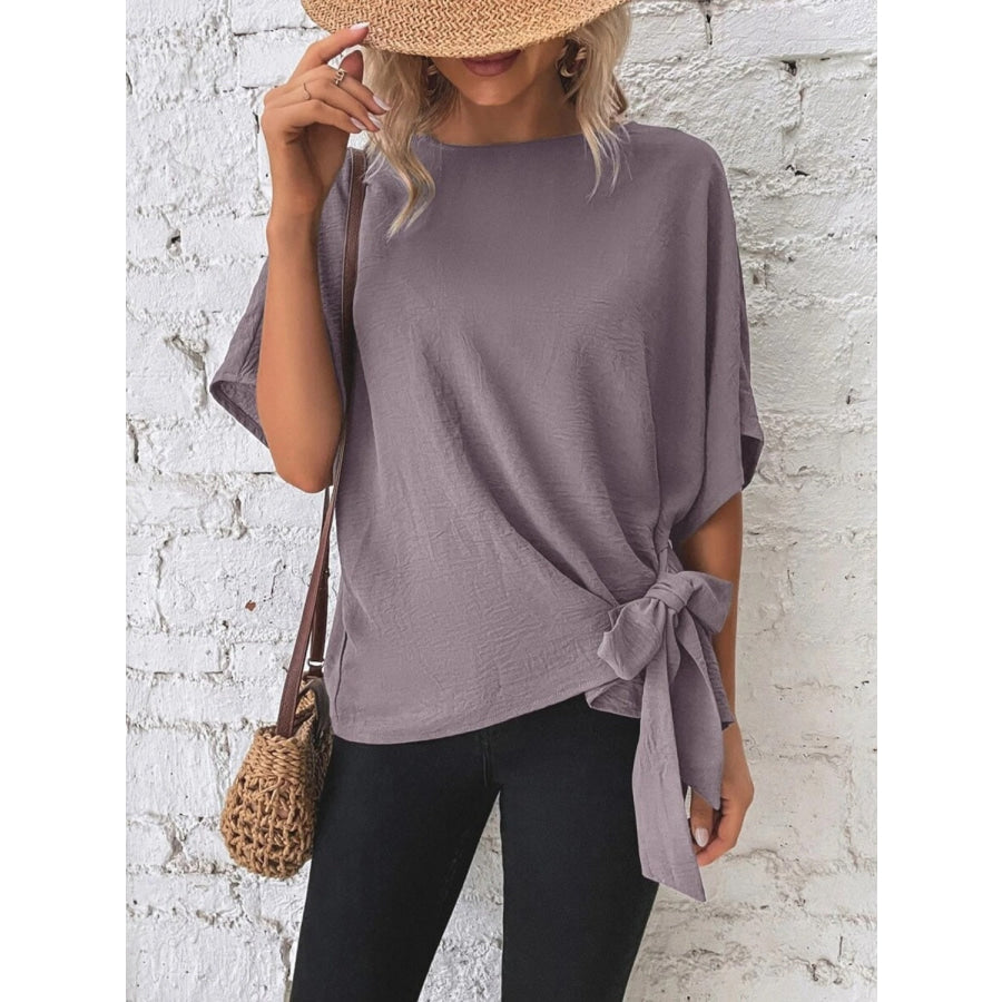 Knotted Round Neck Half Sleeve Blouse Apparel and Accessories