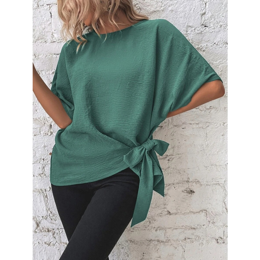 Knotted Round Neck Half Sleeve Blouse Apparel and Accessories
