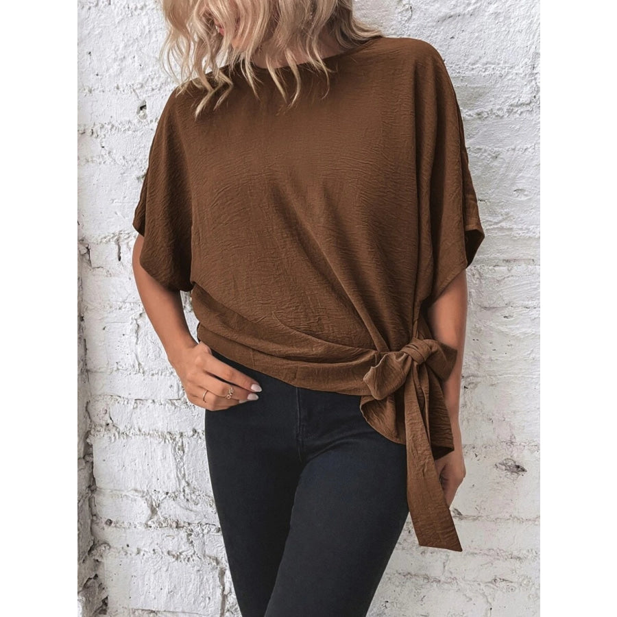 Knotted Round Neck Half Sleeve Blouse Brown / S Apparel and Accessories