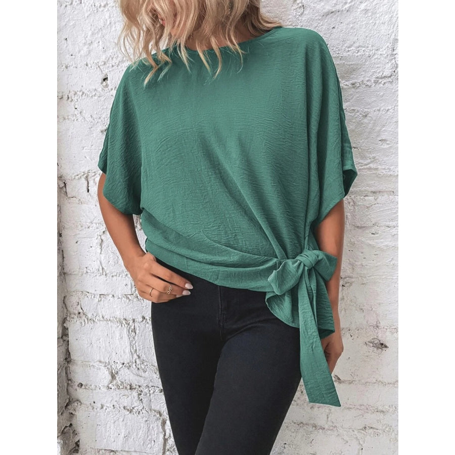 Knotted Round Neck Half Sleeve Blouse Turquoise / S Apparel and Accessories