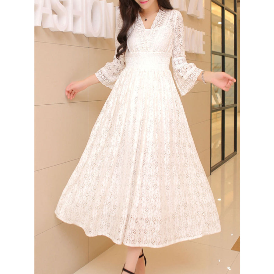 Lace 3/4 Sleeve Midi Dress White / S Apparel and Accessories