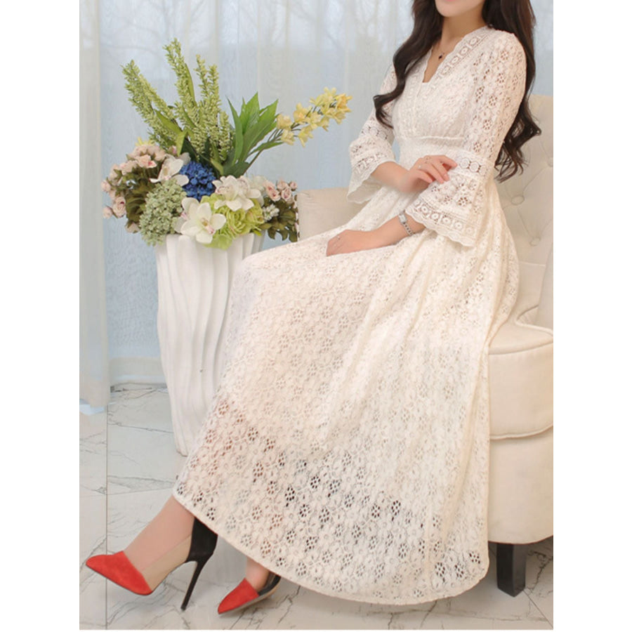 Lace 3/4 Sleeve Midi Dress White / S Apparel and Accessories