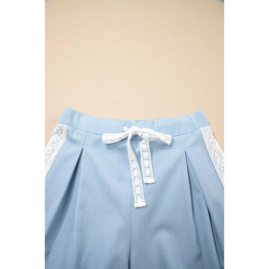Lace Accent Floral Patched Pocket Pleated Wide Leg Slouchy Pants Apparel and Accessories