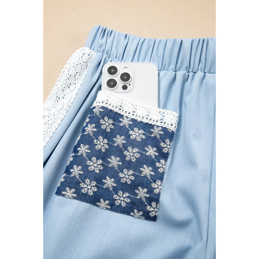 Lace Accent Floral Patched Pocket Pleated Wide Leg Slouchy Pants Apparel and Accessories