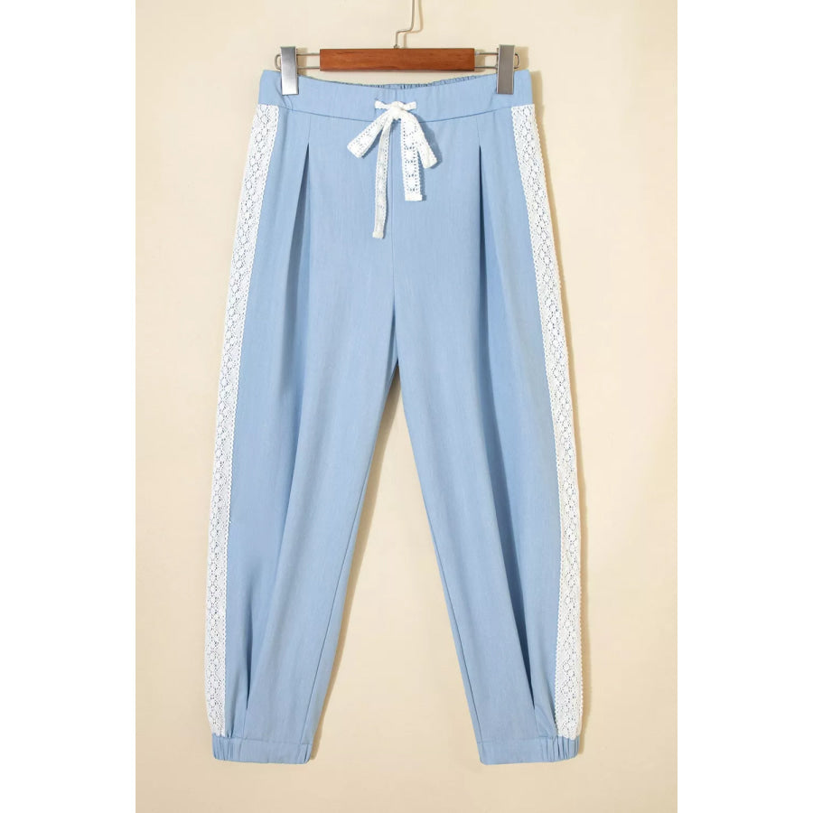 Lace Accent Floral Patched Pocket Pleated Wide Leg Slouchy Pants Apparel and Accessories