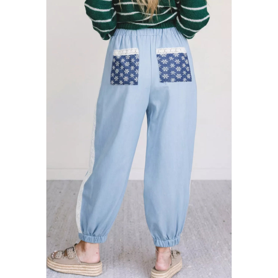 Lace Accent Floral Patched Pocket Pleated Wide Leg Slouchy Pants Apparel and Accessories