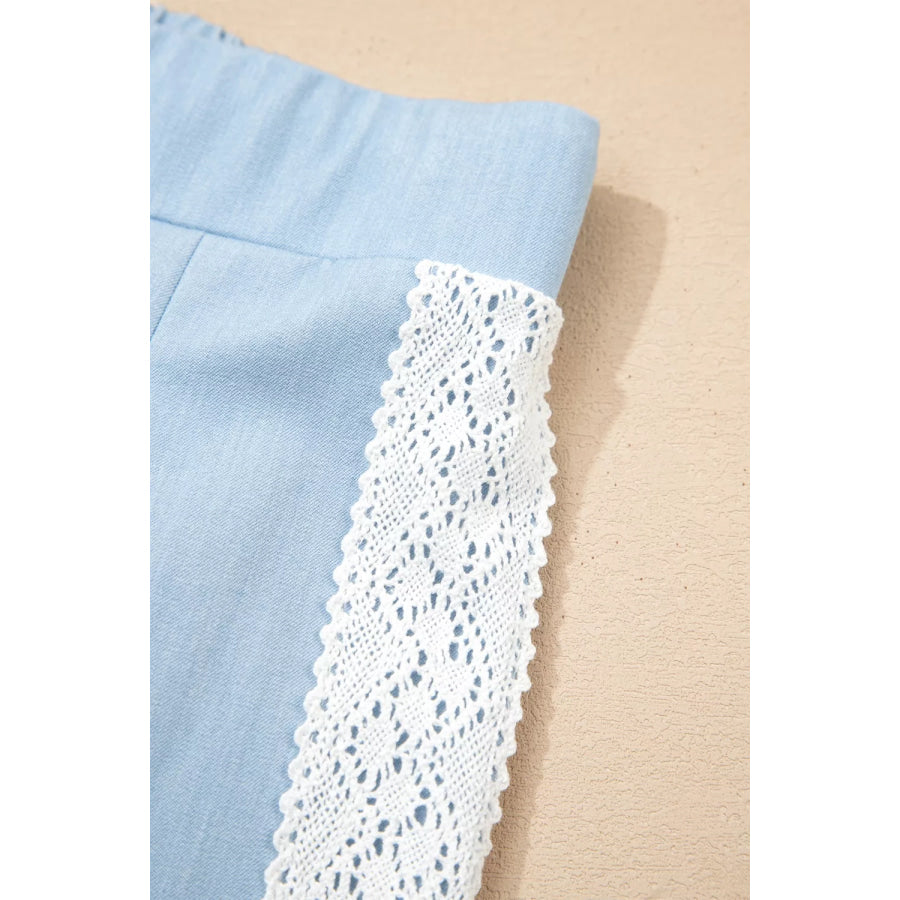 Lace Accent Floral Patched Pocket Pleated Wide Leg Slouchy Pants Apparel and Accessories