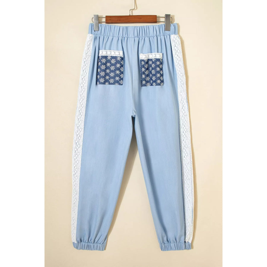 Lace Accent Floral Patched Pocket Pleated Wide Leg Slouchy Pants Apparel and Accessories
