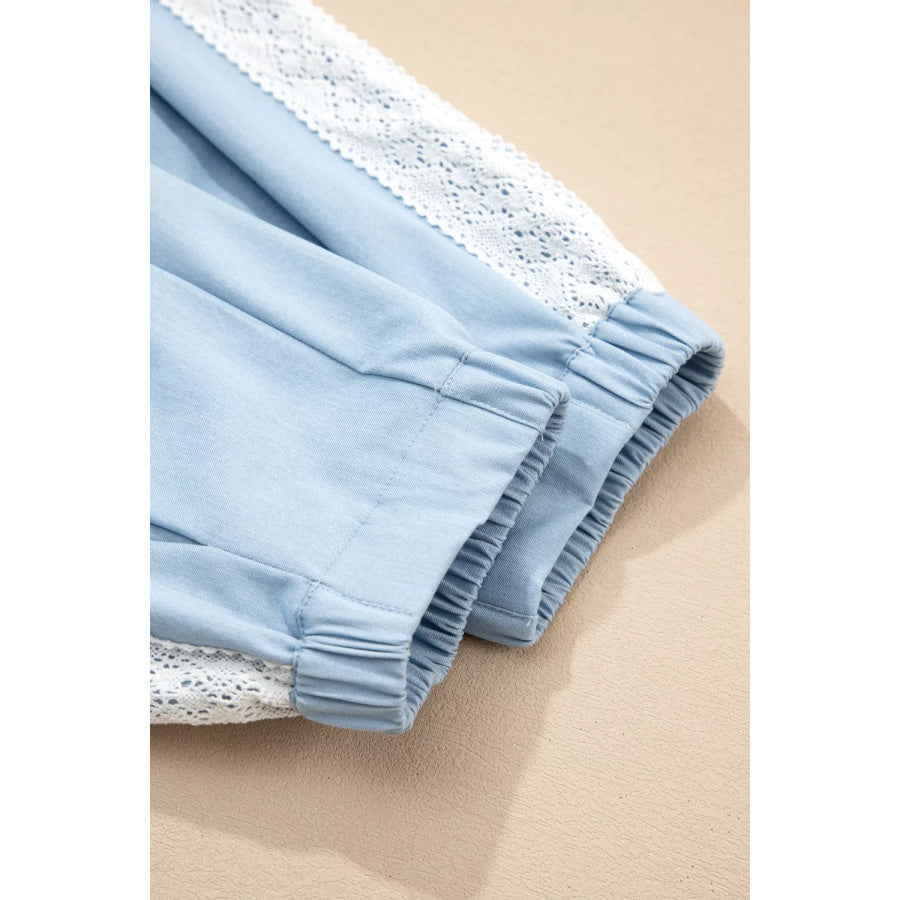 Lace Accent Floral Patched Pocket Pleated Wide Leg Slouchy Pants Apparel and Accessories