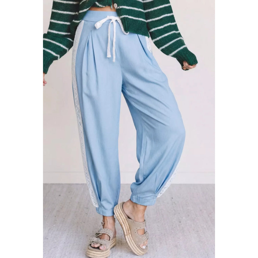 Lace Accent Floral Patched Pocket Pleated Wide Leg Slouchy Pants Light Blue / S Apparel and Accessories
