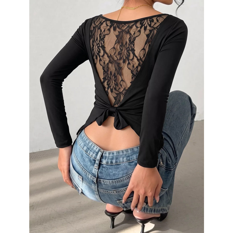Lace Back Tie Long Sleeve Top Apparel and Accessories