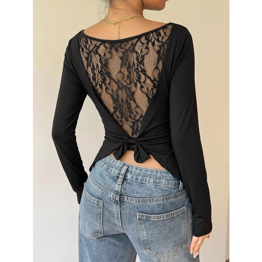 Lace Back Tie Long Sleeve Top Black / S Apparel and Accessories