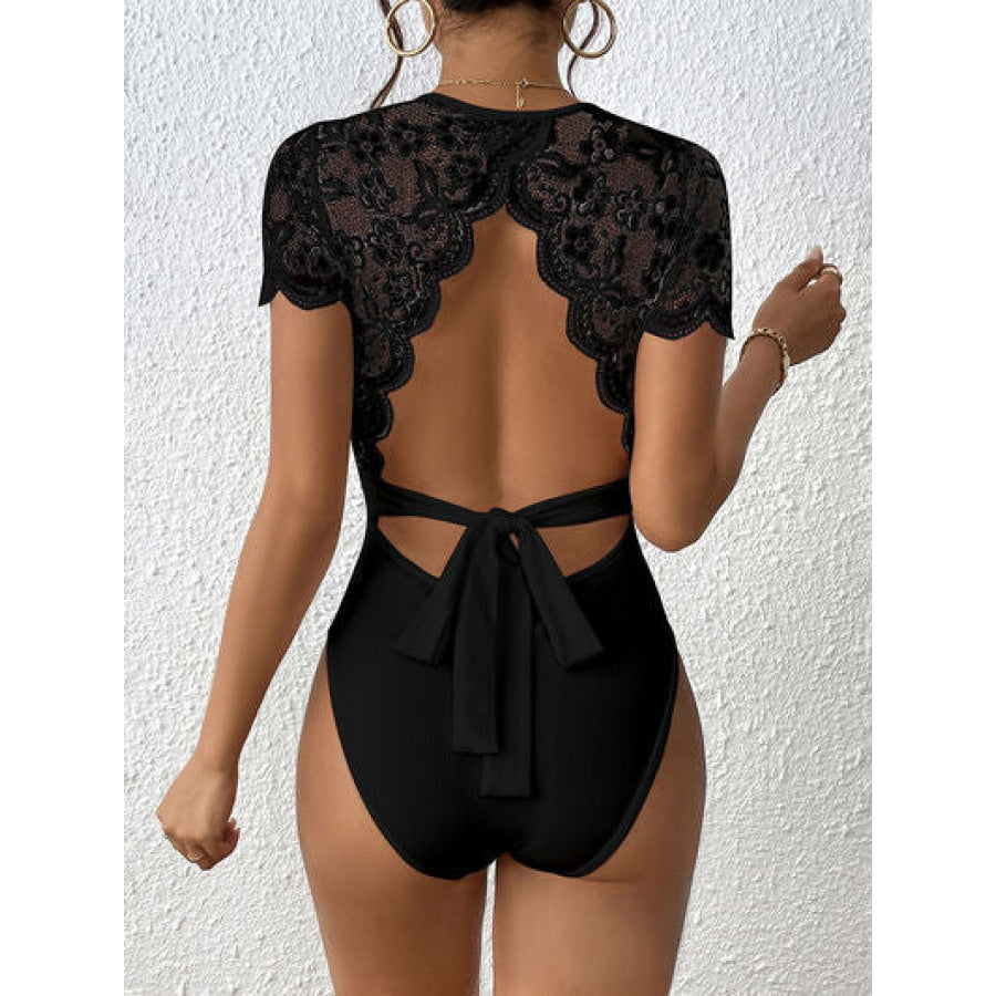 Lace Backless Round Neck Bodysuit Apparel and Accessories