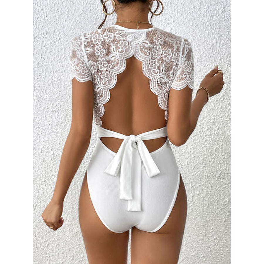 Lace Backless Round Neck Bodysuit White / S Apparel and Accessories