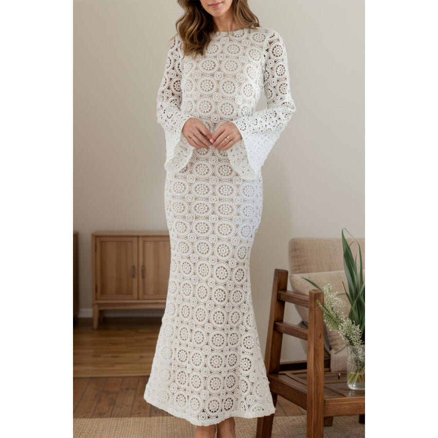 Lace Backless Round Neck Flare Sleeve Dress White / S Apparel and Accessories