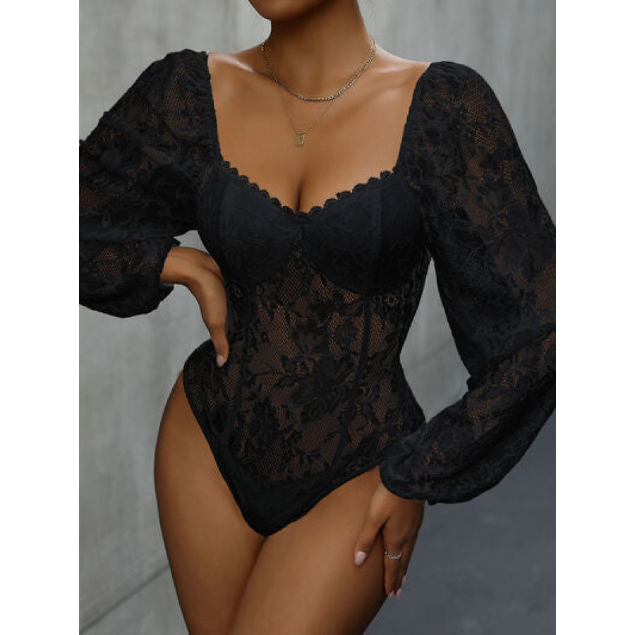 Lace Balloon Sleeve Bodysuit Black / S Apparel and Accessories