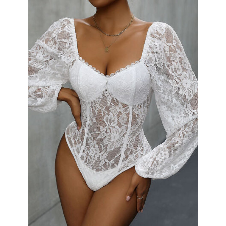 Lace Balloon Sleeve Bodysuit White / S Apparel and Accessories