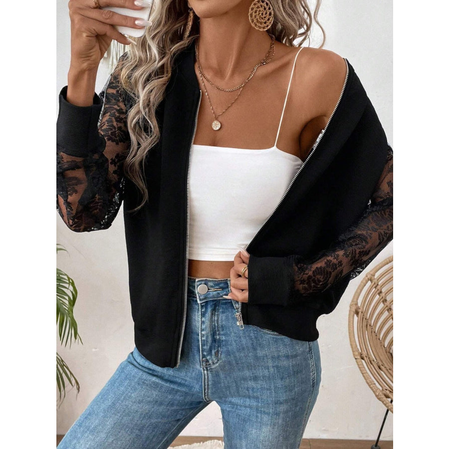 Lace Baseball Collar Zip Up Jacket Apparel and Accessories