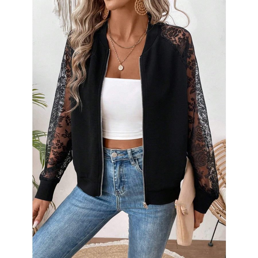 Lace Baseball Collar Zip Up Jacket Apparel and Accessories