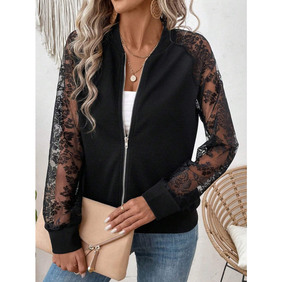 Lace Baseball Collar Zip Up Jacket Apparel and Accessories