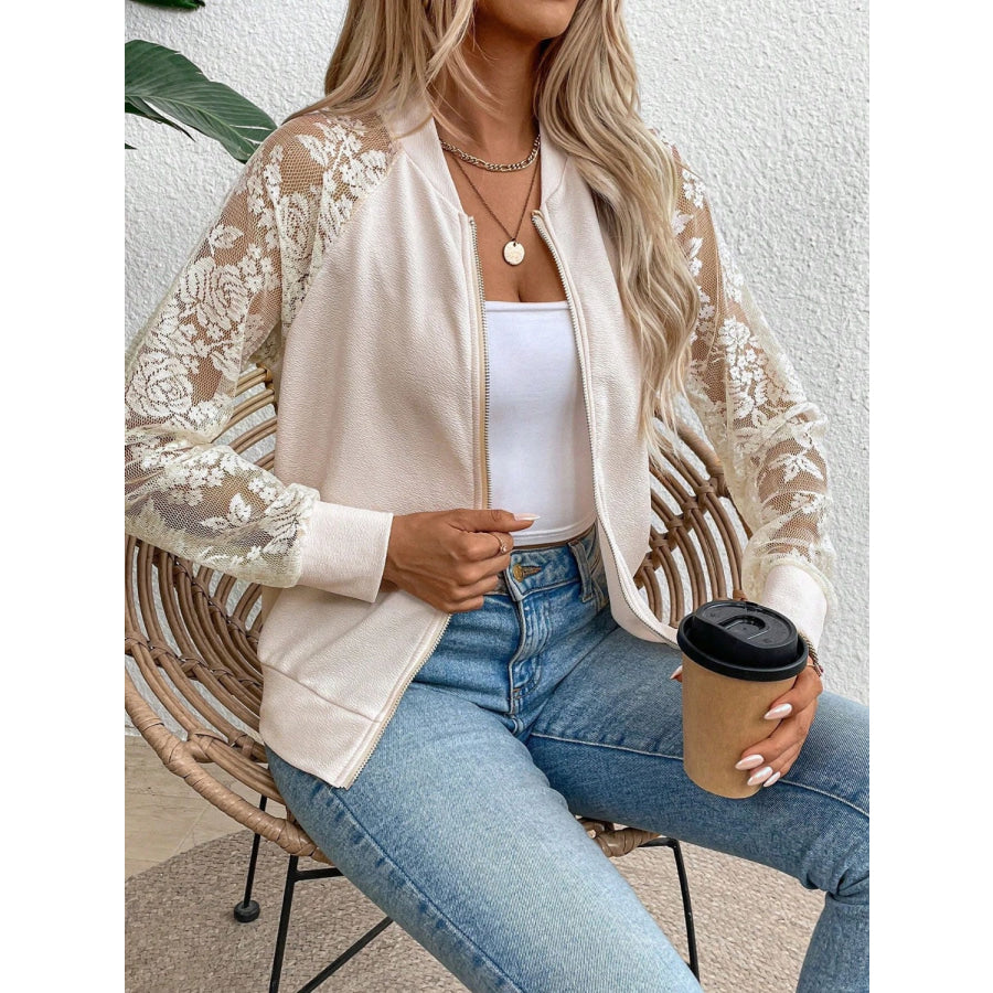 Lace Baseball Collar Zip Up Jacket Apparel and Accessories