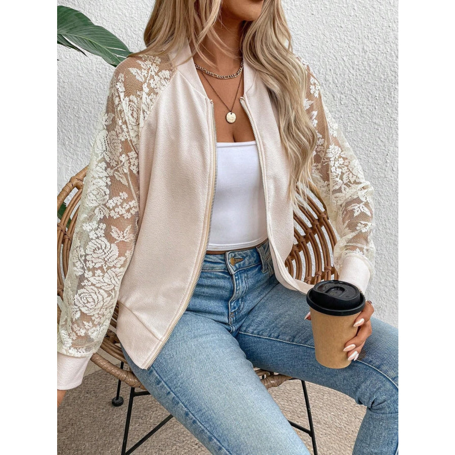 Lace Baseball Collar Zip Up Jacket Apparel and Accessories