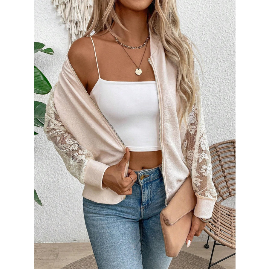 Lace Baseball Collar Zip Up Jacket Apparel and Accessories