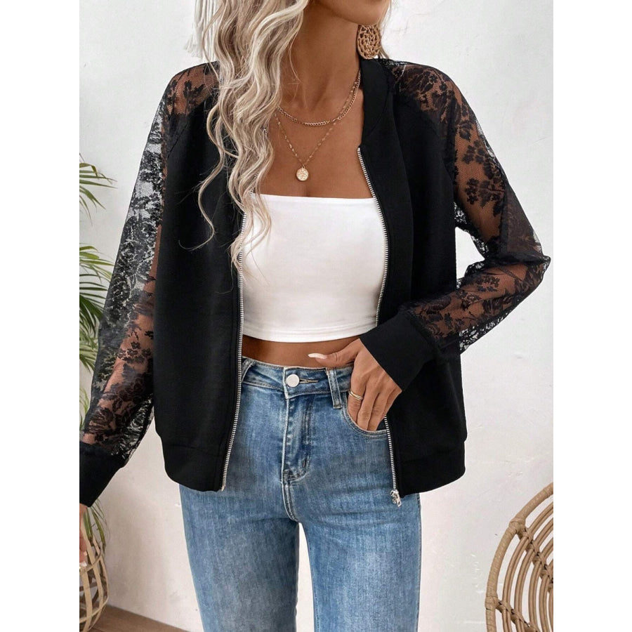 Lace Baseball Collar Zip Up Jacket Apparel and Accessories