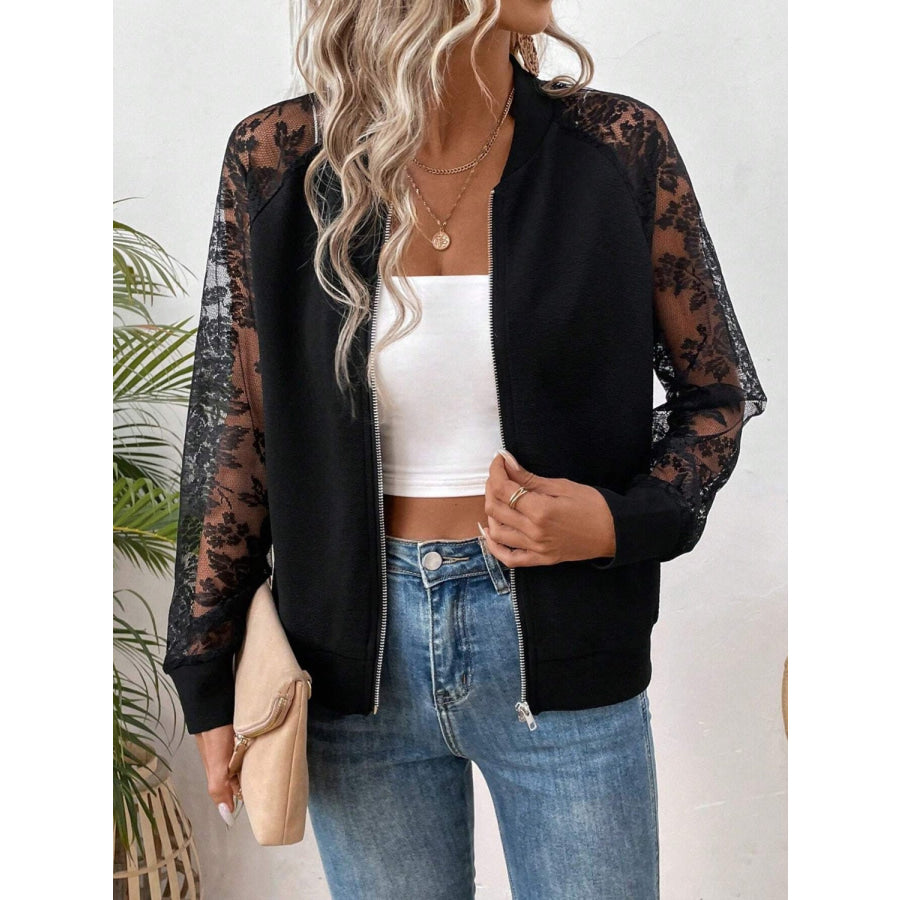 Lace Baseball Collar Zip Up Jacket Black / S Apparel and Accessories