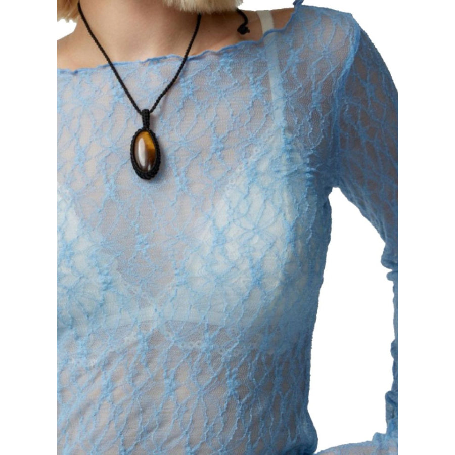 Lace Boat Neck Long Sleeve Blouse Apparel and Accessories