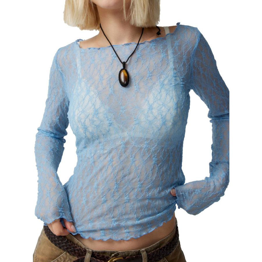 Lace Boat Neck Long Sleeve Blouse Light Blue / S Apparel and Accessories