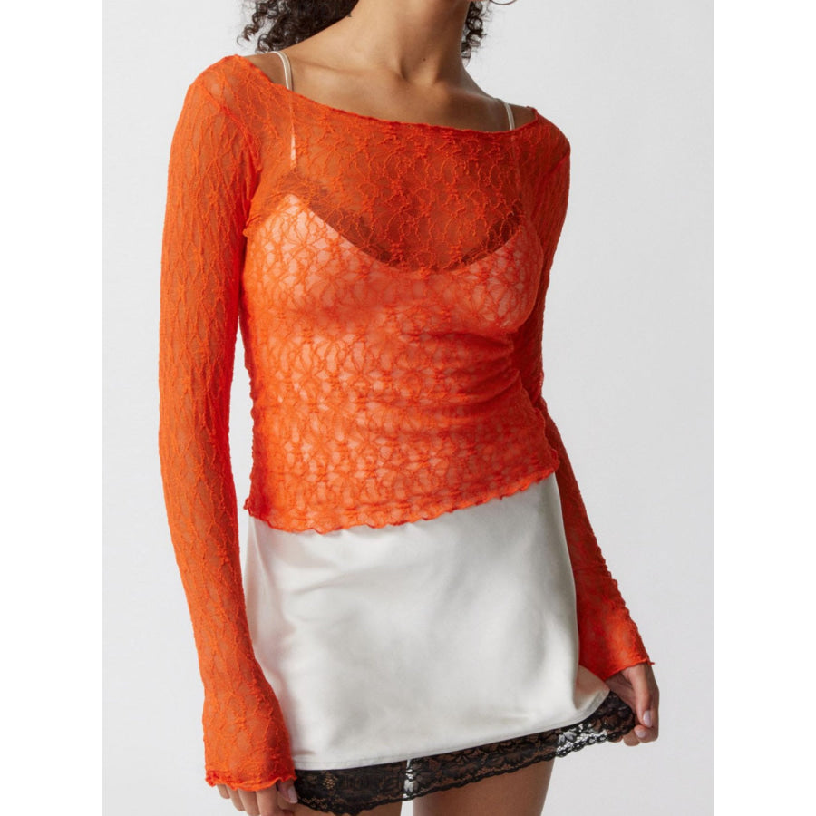 Lace Boat Neck Long Sleeve Blouse Orange / S Apparel and Accessories