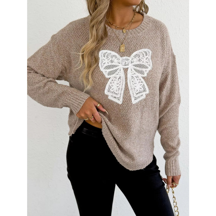 Lace Bow Embroidered Round Neck Sweater Apparel and Accessories