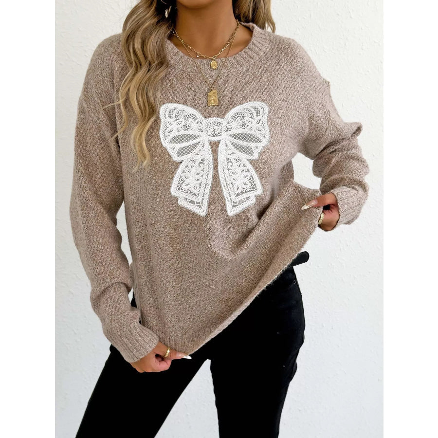 Lace Bow Embroidered Round Neck Sweater Apparel and Accessories
