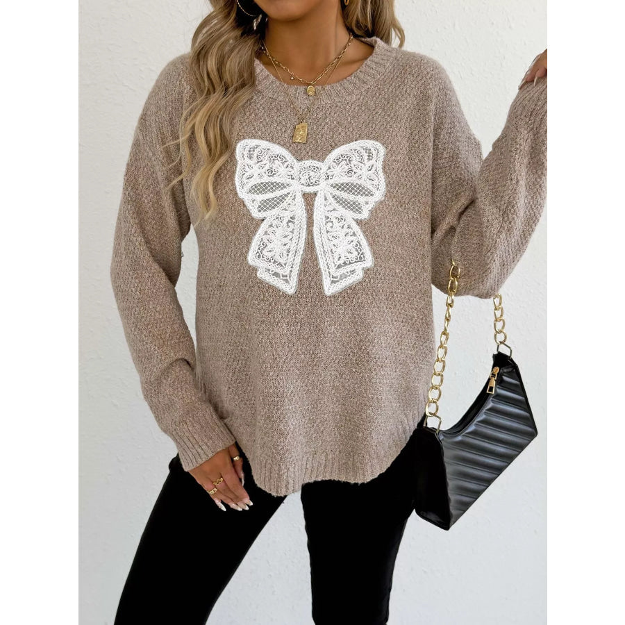 Lace Bow Embroidered Round Neck Sweater Apricot / S Apparel and Accessories