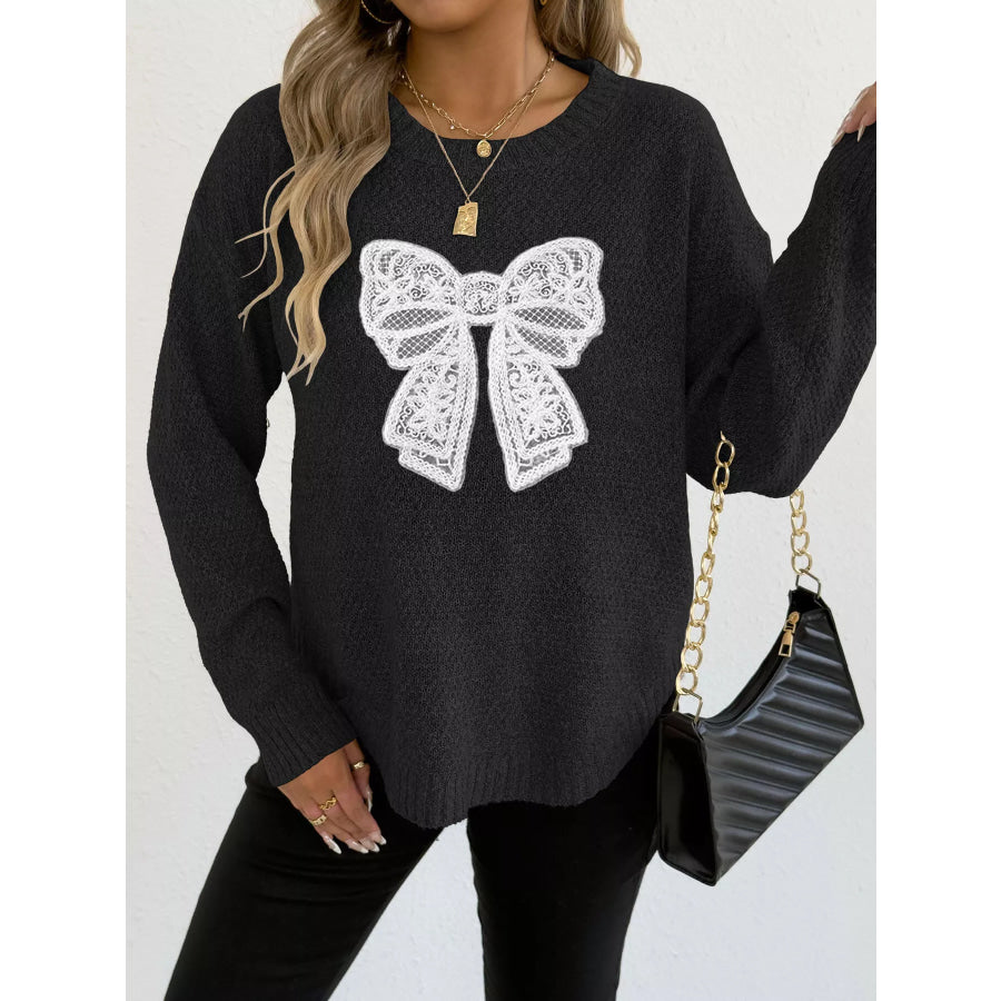 Lace Bow Embroidered Round Neck Sweater Black / S Apparel and Accessories
