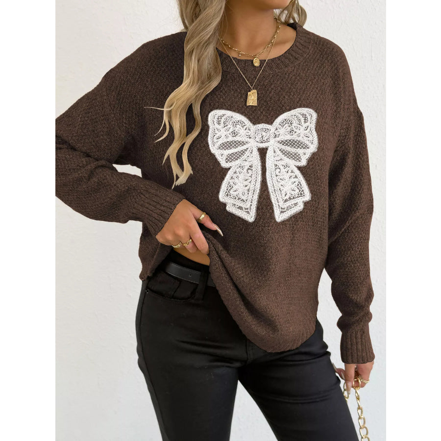 Lace Bow Embroidered Round Neck Sweater Coffee / S Apparel and Accessories