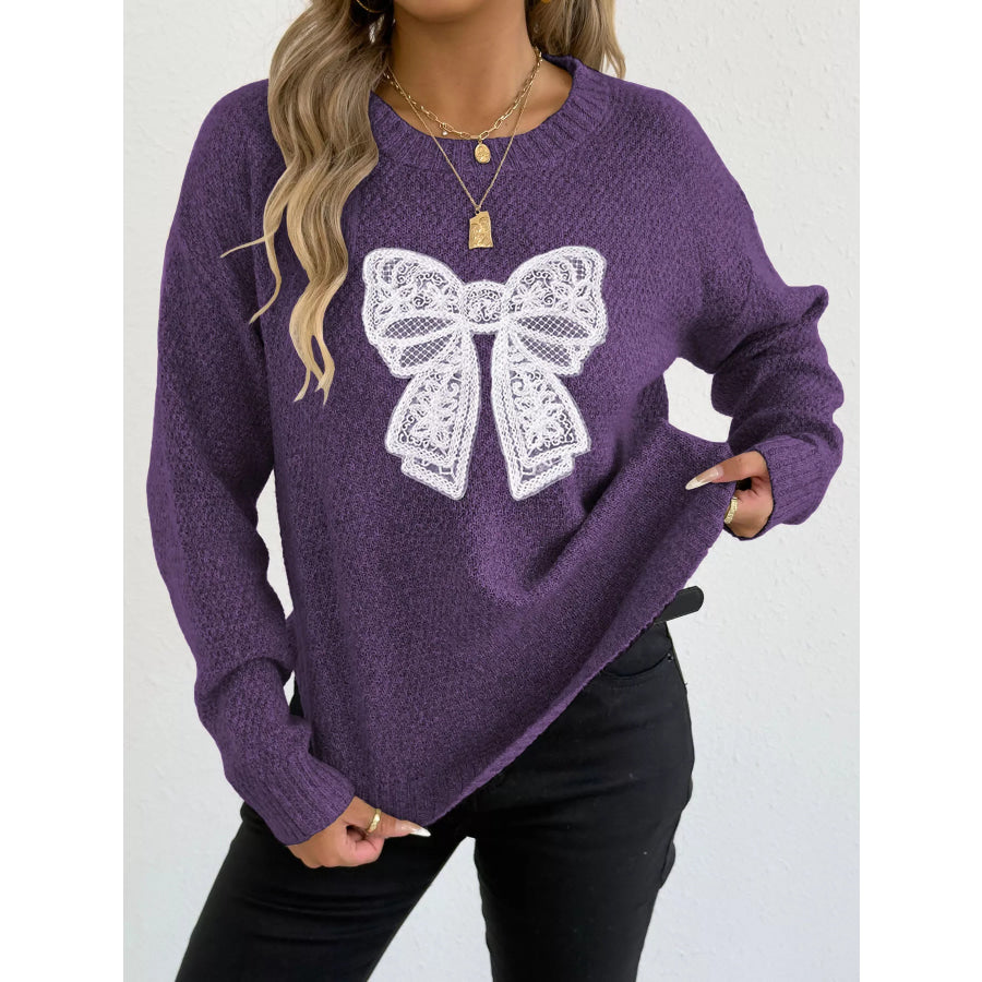 Lace Bow Embroidered Round Neck Sweater Purple / S Apparel and Accessories
