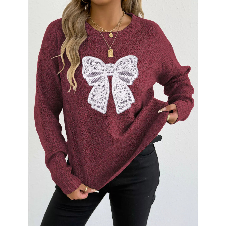 Lace Bow Embroidered Round Neck Sweater Wine Red / S Apparel and Accessories