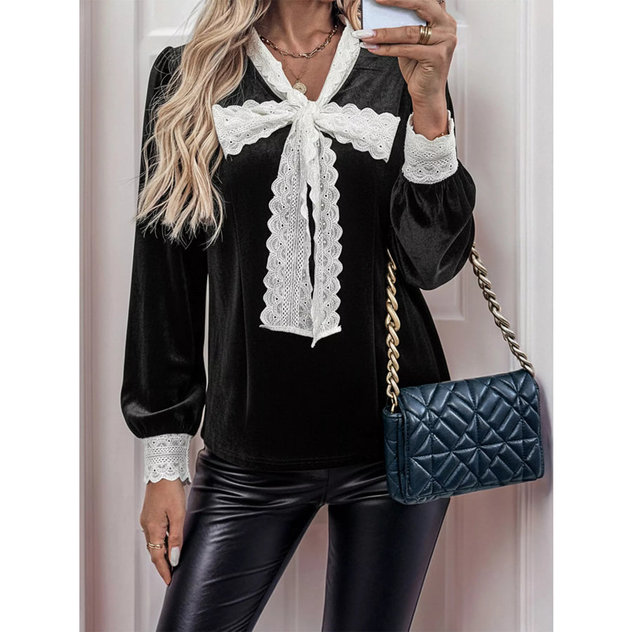 Lace Bow Tie Velvet Blouse Apparel and Accessories